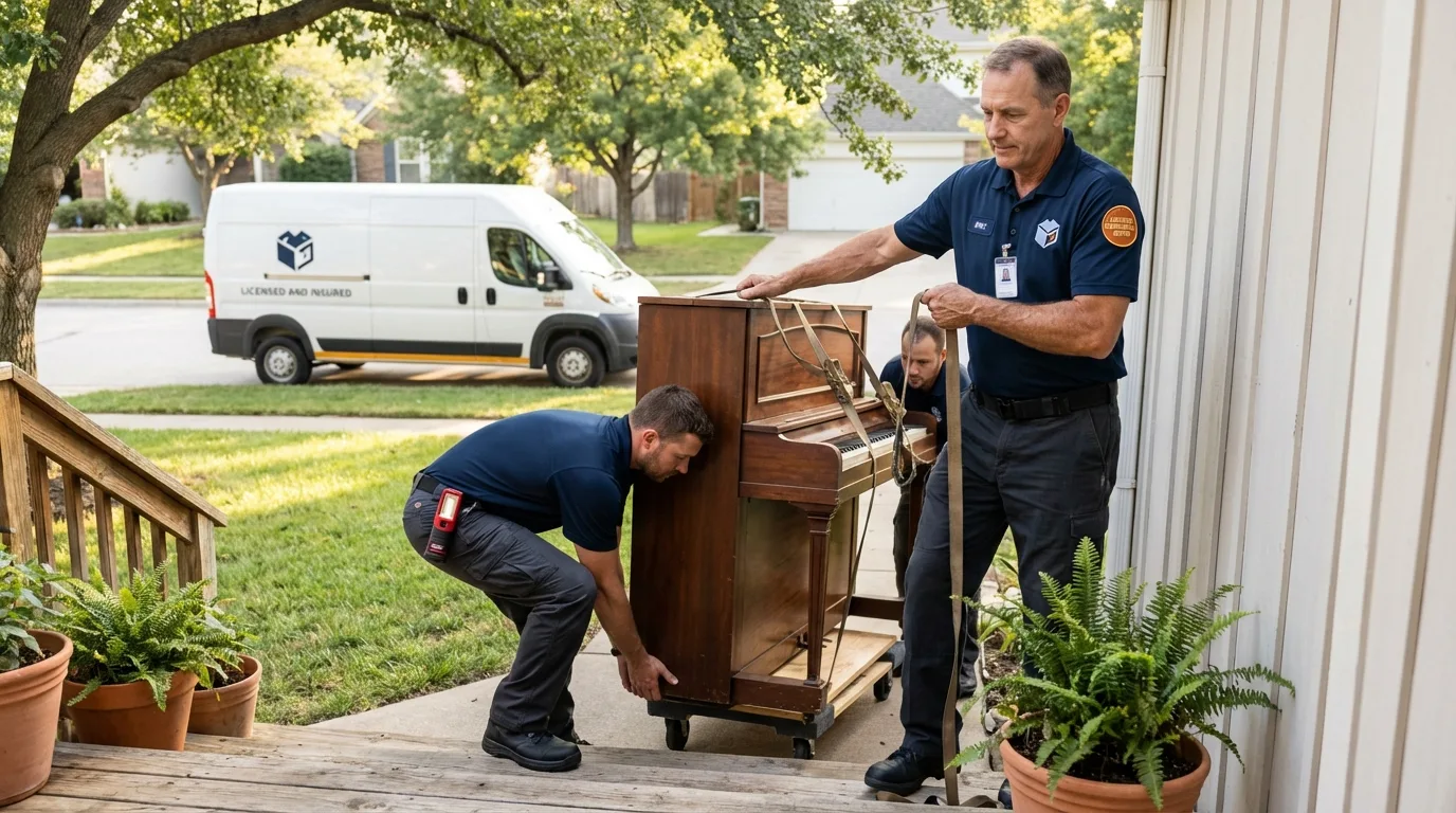Licensed piano movers securing grand piano in Clark Mills, NY