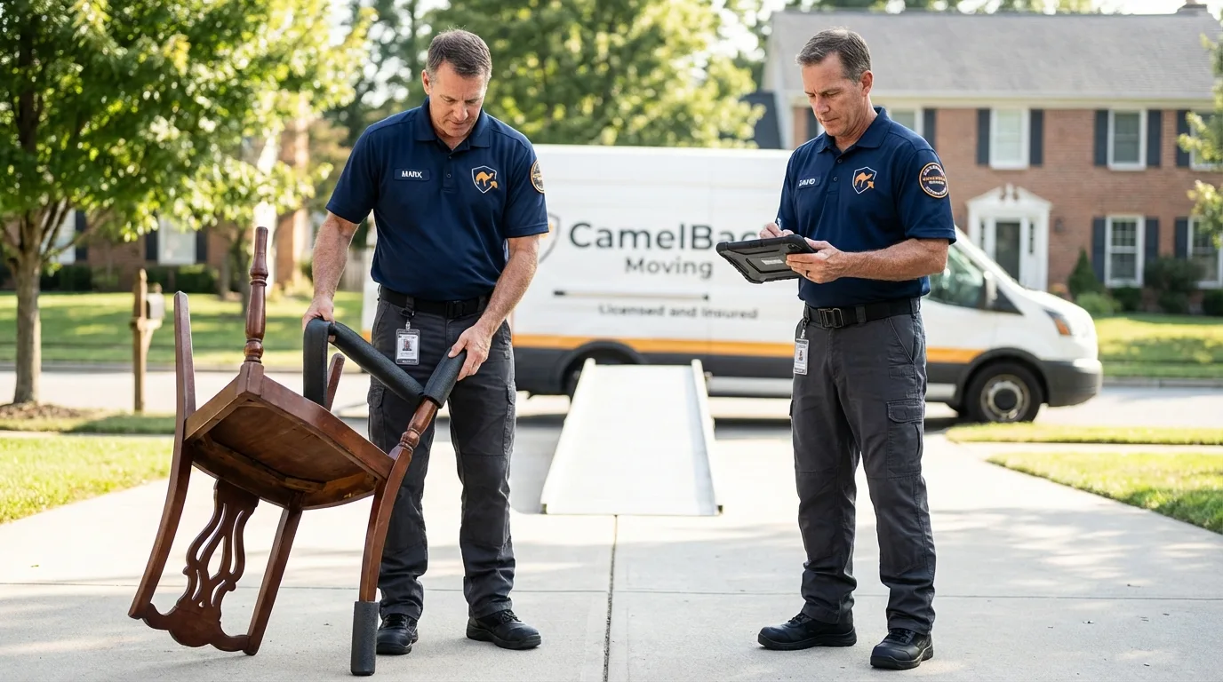 Movers inspecting furniture for damage prevention before loading in Clark Mills, NY
