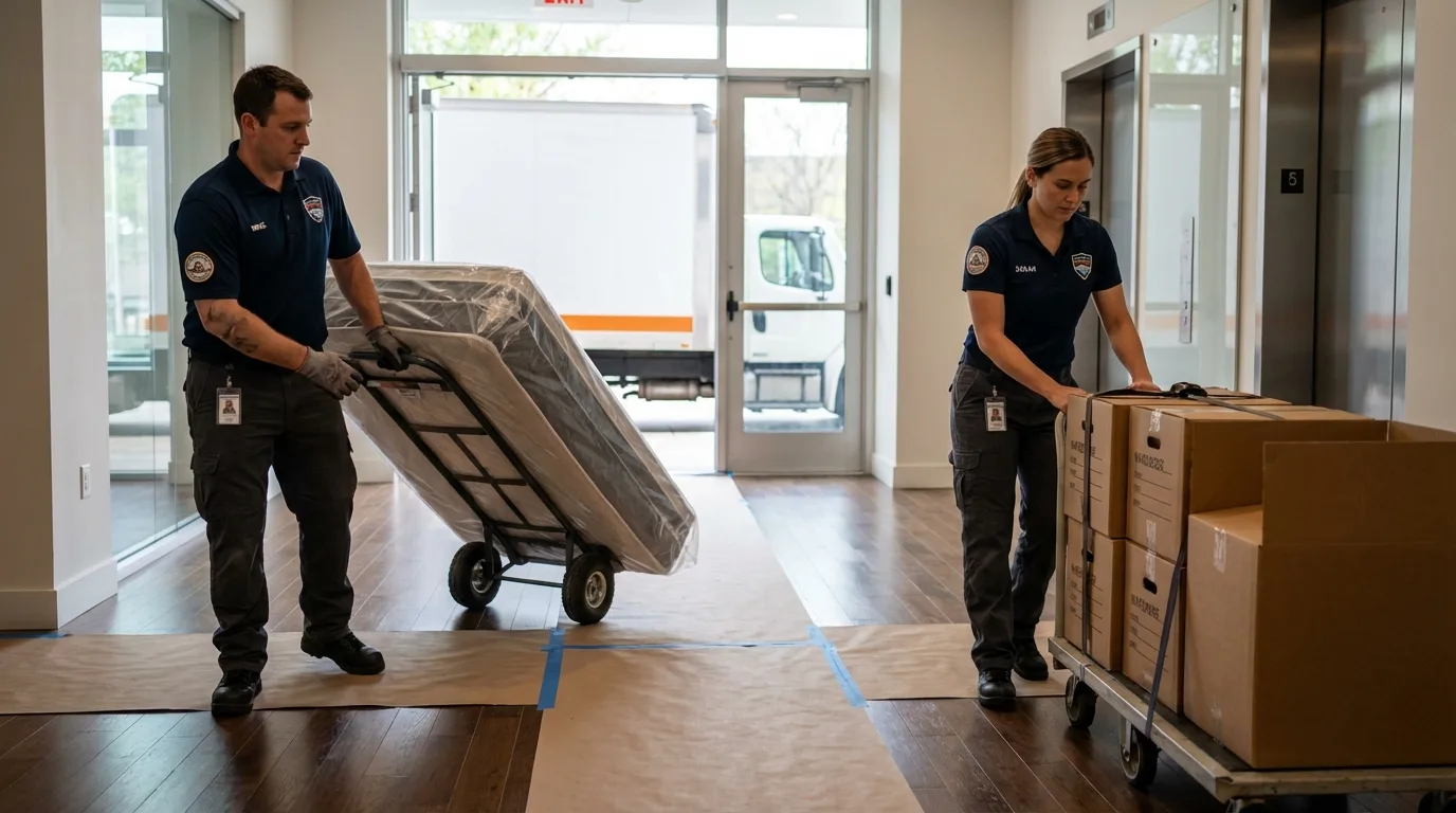 Professional apartment movers loading elevator in Clark Mills, NY