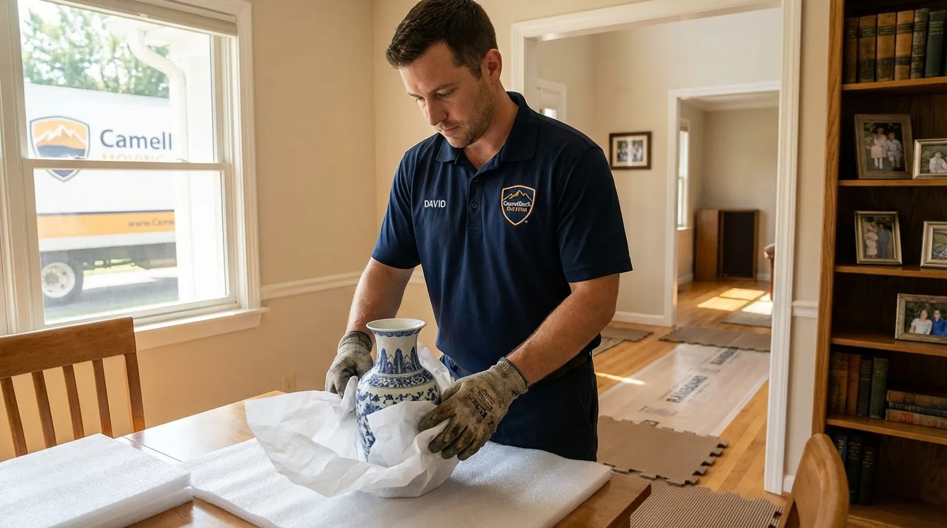 Professional crew carefully wrapping antique vase for senior downsizing move in Clark Mills, NY